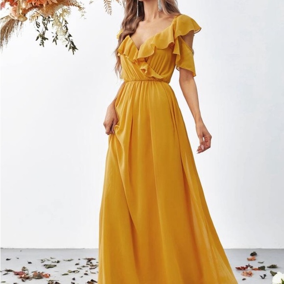 Surplice Neck mustard Butterfly Sleeve Chiffon Dress size Small - Picture 6 of 7